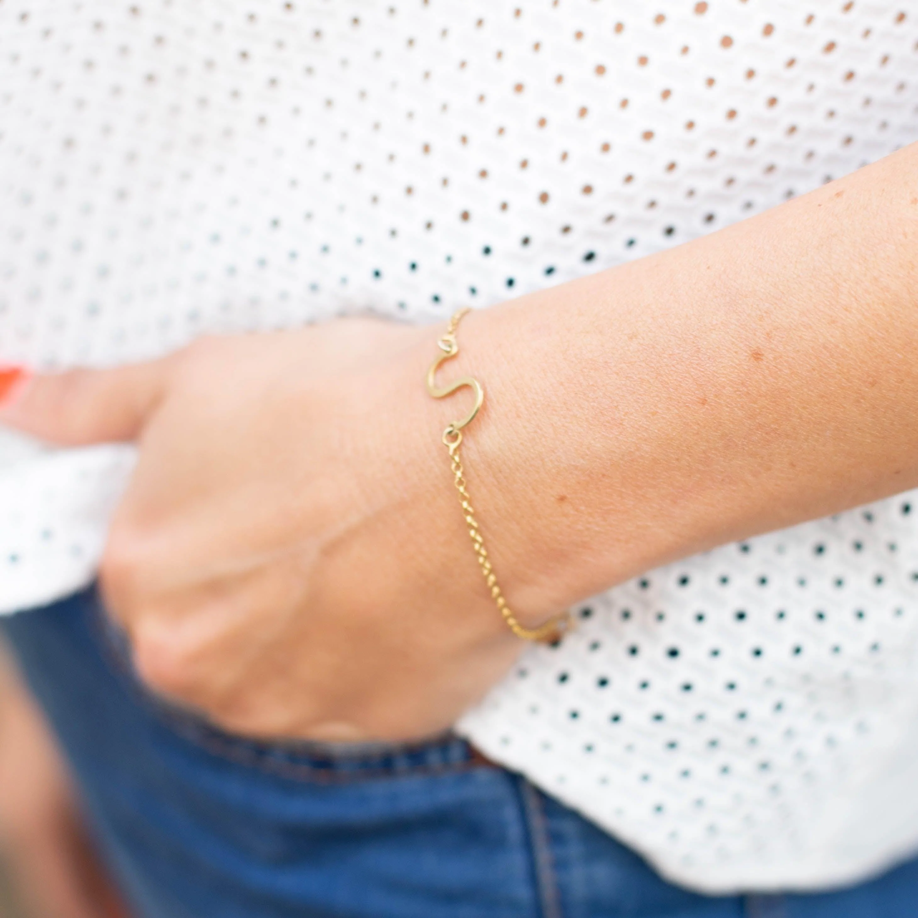 Solid Gold Initial Sideway Bracelet - Image 4